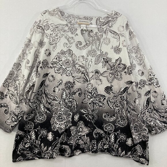 Alfred Dunner size 3X Gray Floral Paisley Stretch 3/4 Sleeve Comfy Preppy Top - Picture 1 of 8